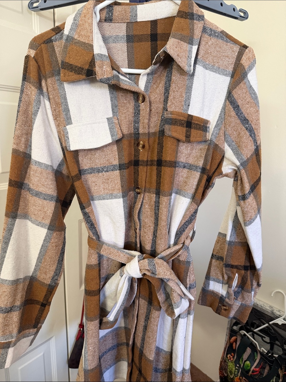 SHEIN Plaid Shirt Dress Teddy Jacket - Cream & Brown